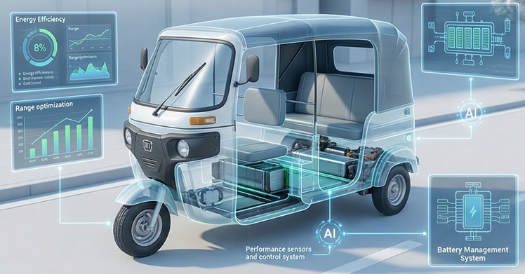 3W EV auto-rickshaw with EV technology overlay