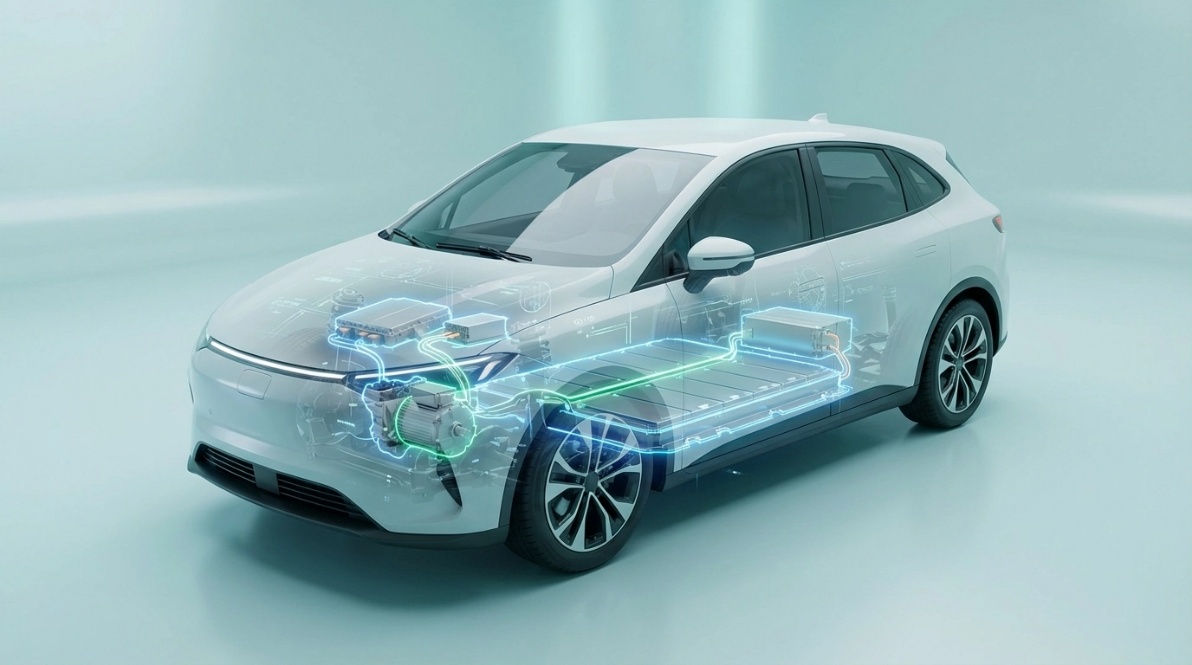 4W EV car with exposed powertrain and battery